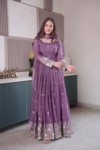 Lorenvalley Fashion Lavender Diamond Silk Embroidery Sequins Work Anarkali Gown with Dupatta | Grocsy