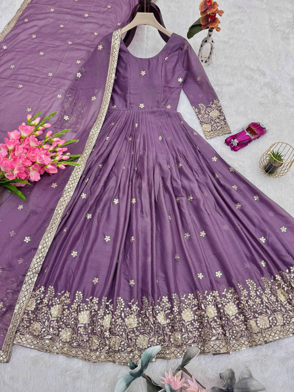 Lorenvalley Fashion Lavender Diamond Silk Embroidery Sequins Work Anarkali Gown with Dupatta | Grocsy