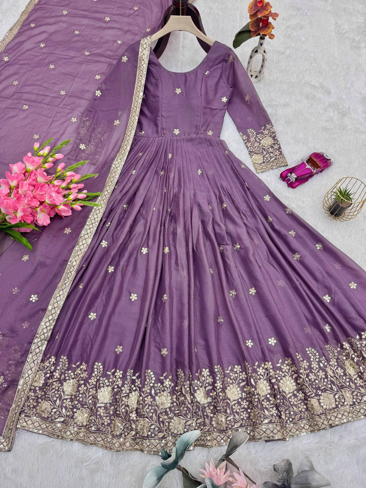 Lorenvalley Fashion Lavender Diamond Silk Embroidery Sequins Work Anarkali Gown with Dupatta | Grocsy