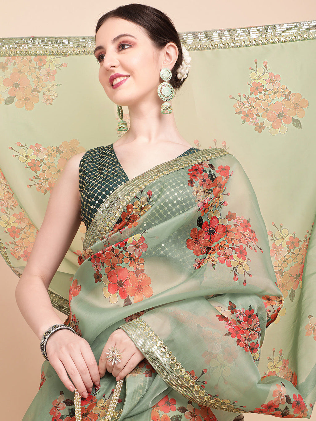 Sangria Olive Green & Red Floral Printed Organza Saree With Sequinned Blouse piece | Grocsy