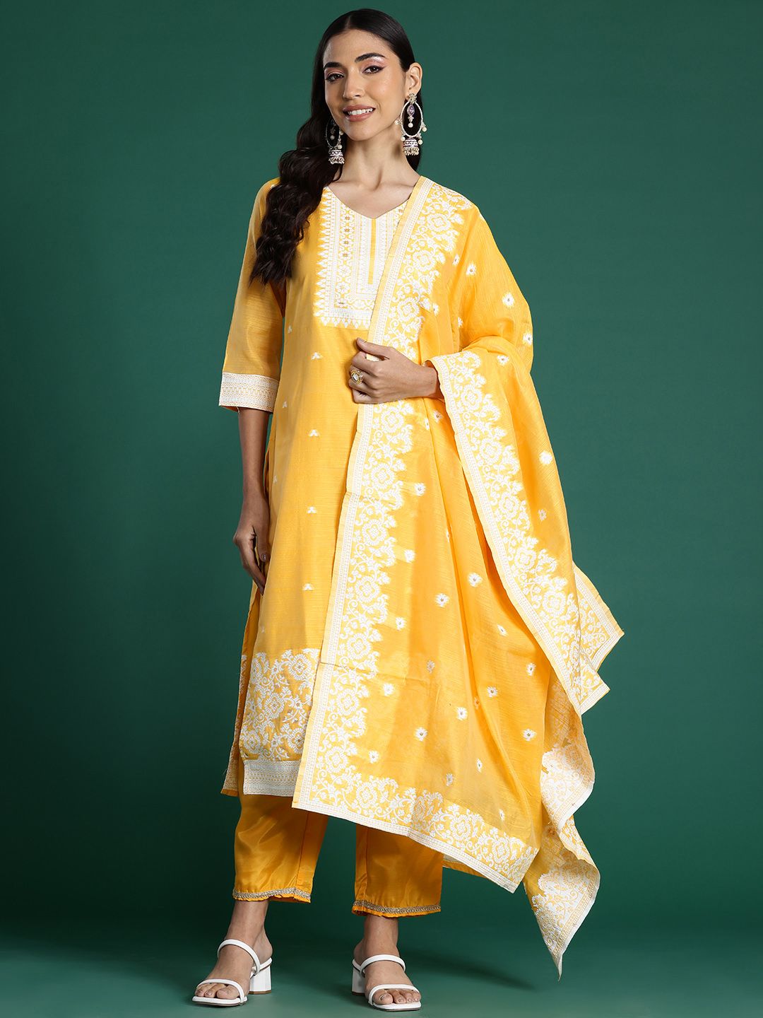 Indo Era Woven Design Jacquard Chanderi Silk Kurta With Trousers & Dupatta | Grocsy