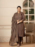 Yufta Cotton Grey Plus Size Kurta Dupatta Pant Set | Grocsy