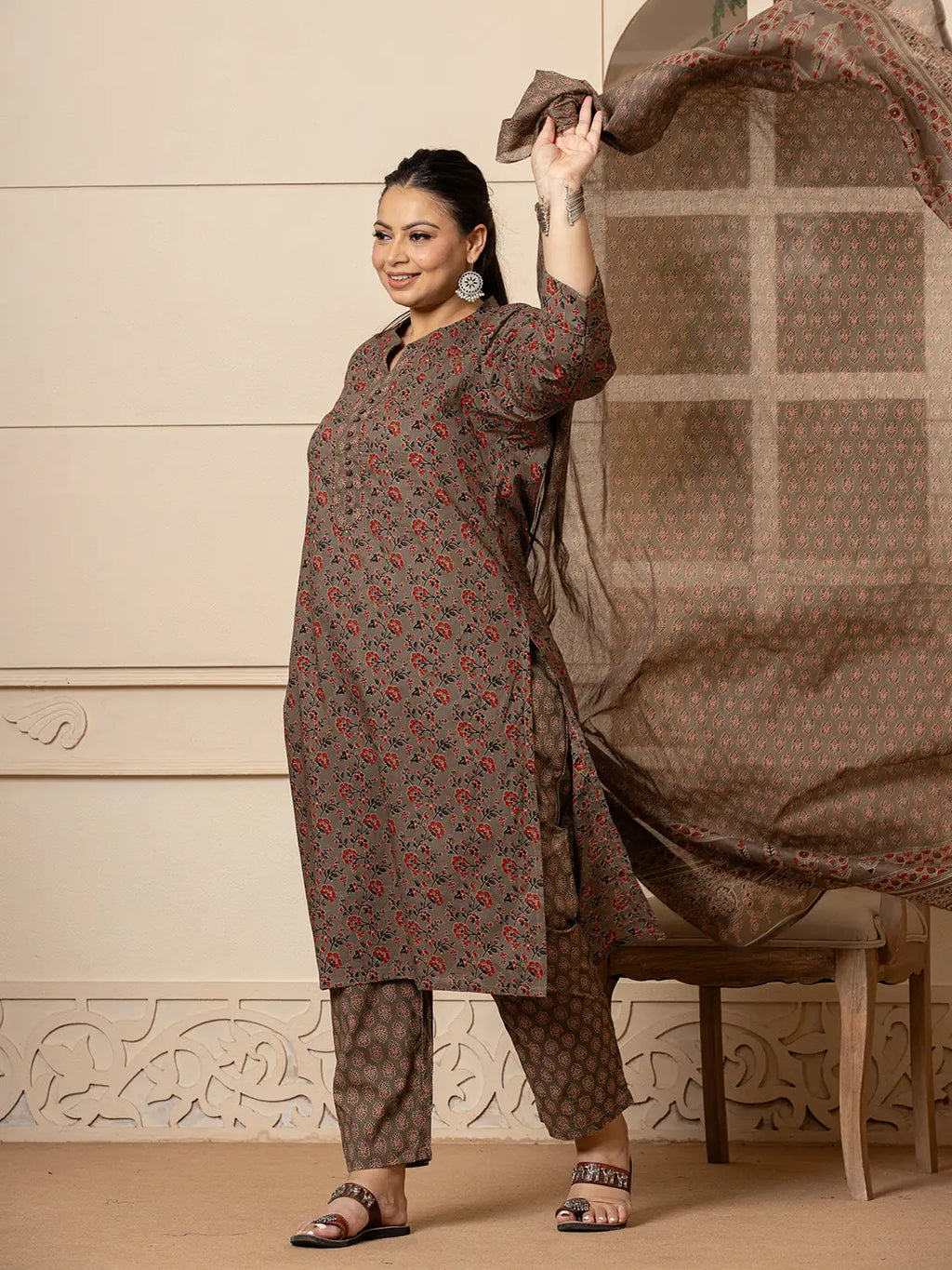 Yufta Cotton Grey Plus Size Kurta Dupatta Pant Set | Grocsy
