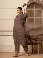 Yufta Cotton Grey Plus Size Kurta Dupatta Pant Set | Grocsy
