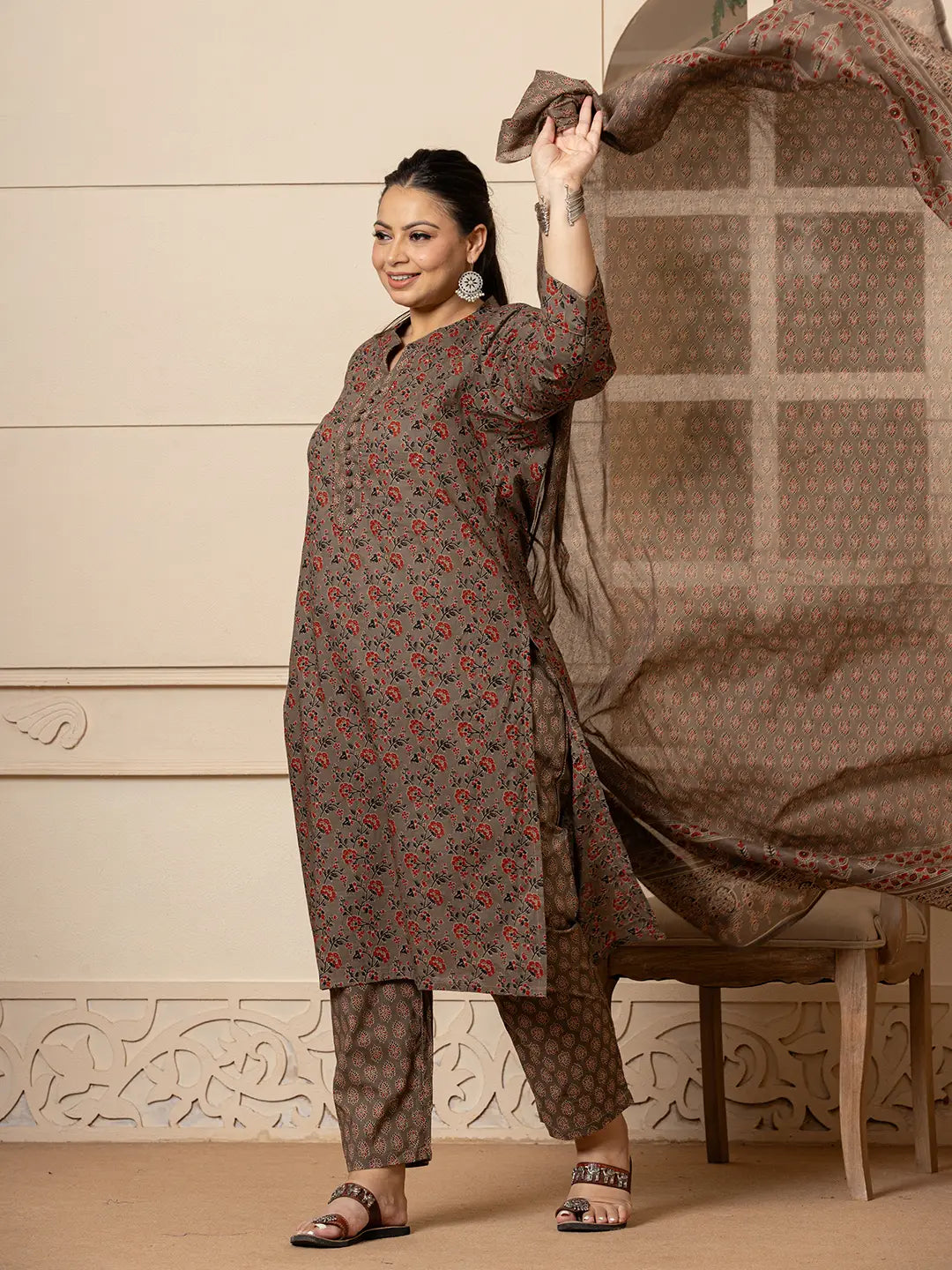 Yufta Cotton Grey Plus Size Kurta Dupatta Pant Set | Grocsy