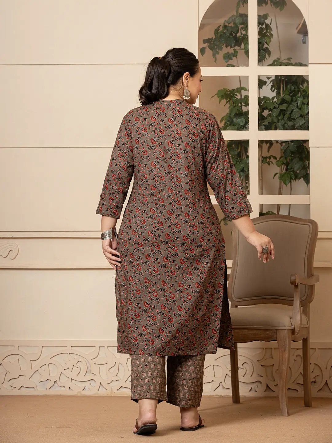 Yufta Cotton Grey Plus Size Kurta Dupatta Pant Set | Grocsy