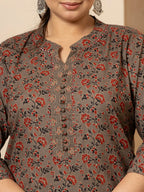 Yufta Cotton Grey Plus Size Kurta Dupatta Pant Set | Grocsy