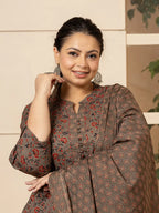 Yufta Cotton Grey Plus Size Kurta Dupatta Pant Set | Grocsy