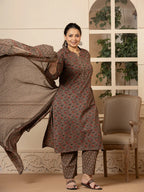 Yufta Cotton Grey Plus Size Kurta Dupatta Pant Set | Grocsy