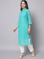 HERE&NOW Women Turquoise Blue Ethnic Motifs Embroidered Thread Work Georgette Kurta | Grocsy