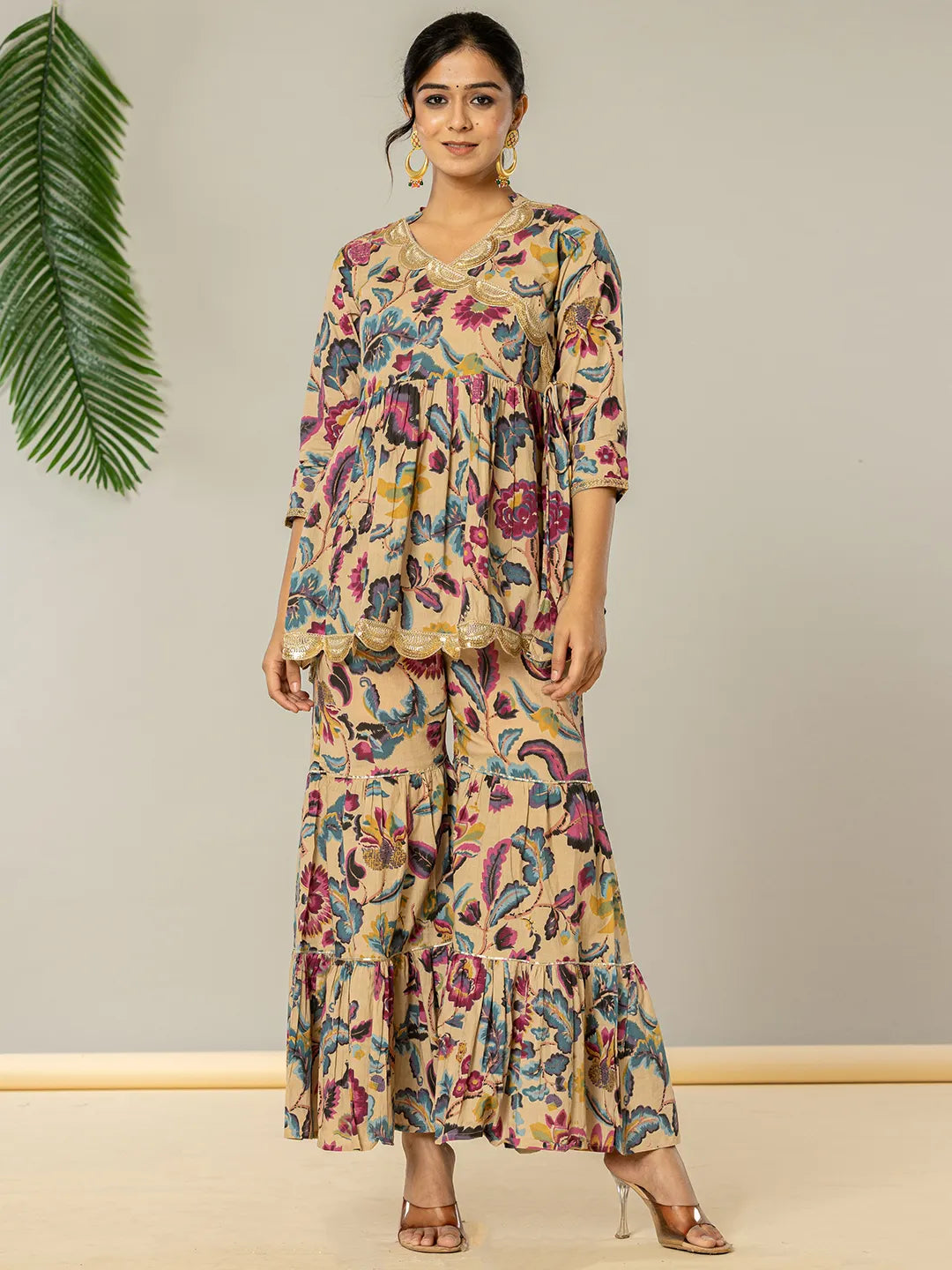 Yufta Multi Cotton Peplum Sharara Co-Ord Set | Grocsy