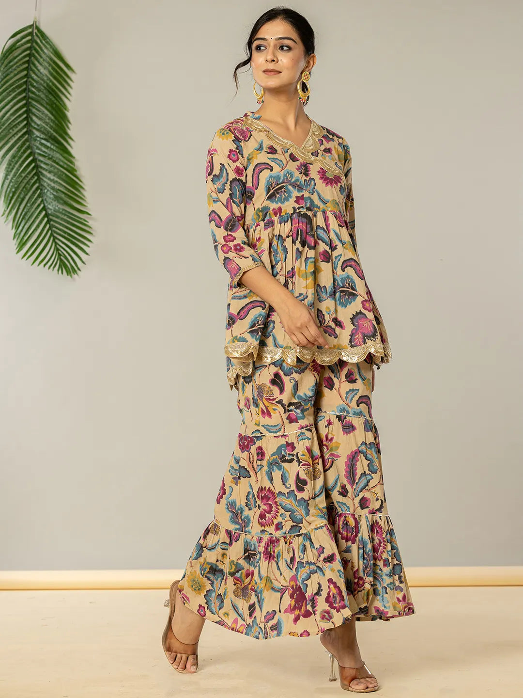 Yufta Multi Cotton Peplum Sharara Co-Ord Set | Grocsy