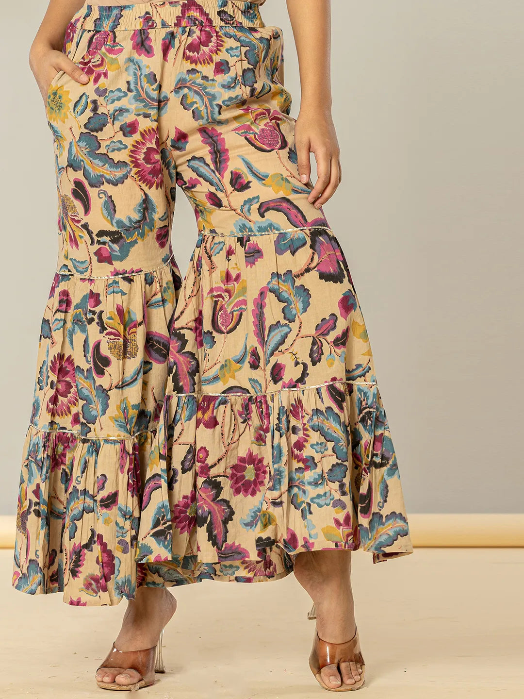 Yufta Multi Cotton Peplum Sharara Co-Ord Set | Grocsy