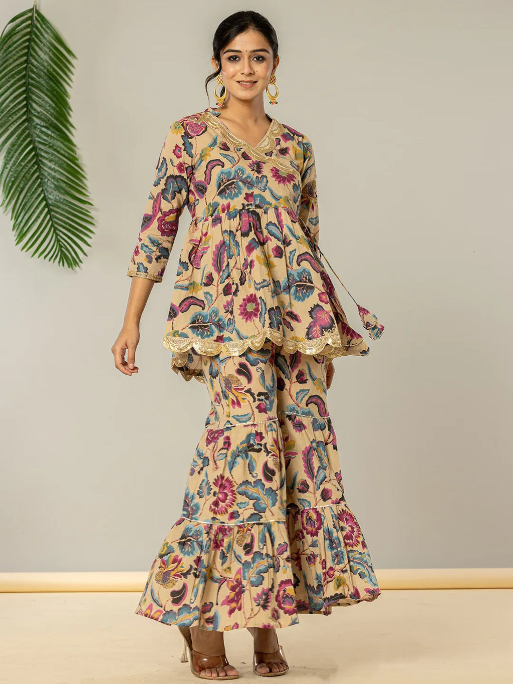 Yufta Multi Cotton Peplum Sharara Co-Ord Set | Grocsy