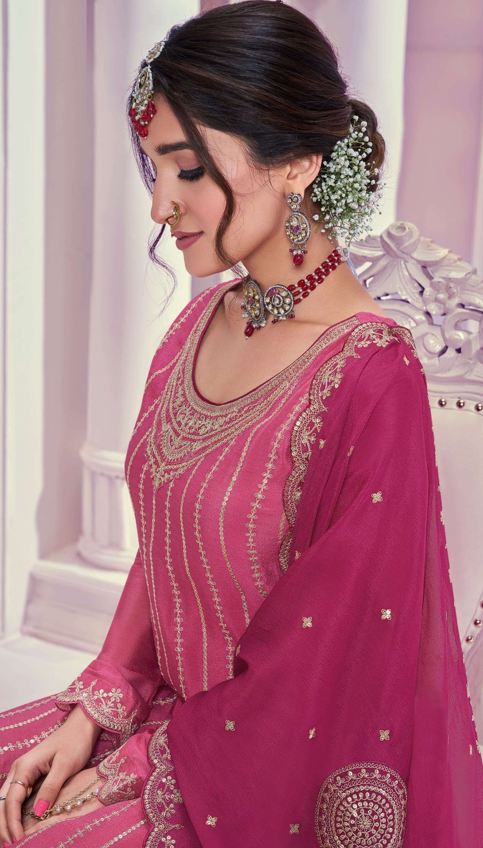 Anaita Pink Chiffon Sequins Embroidered Readymade Salwar Suit | Grocsy
