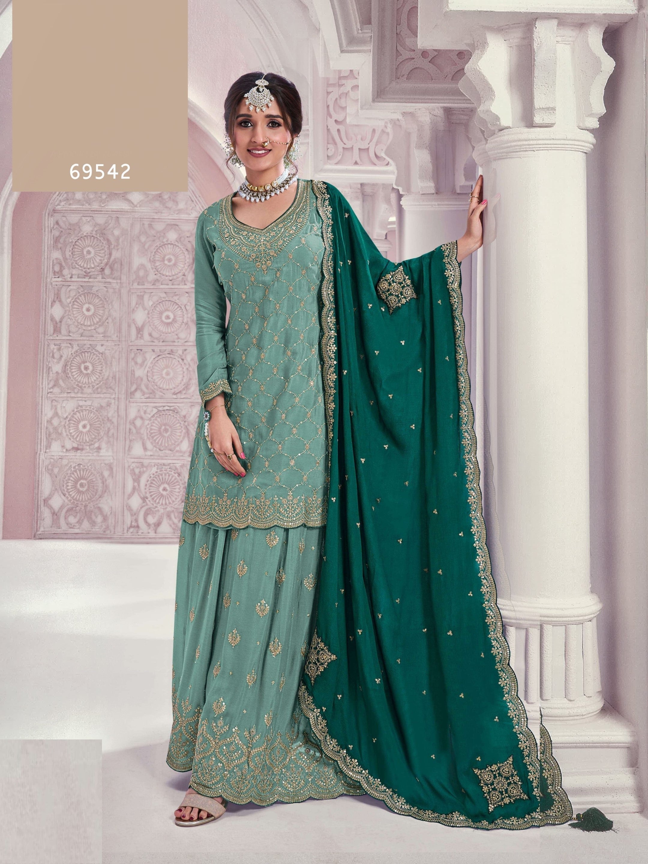 Anaita Sky Blue Chinon Sequence Embroidered Readymade Salwar Suit | Grocsy