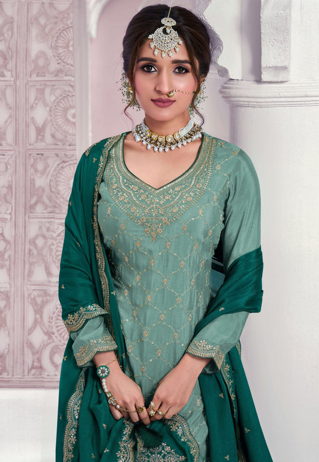 Anaita Sky Blue Chinon Sequence Embroidered Readymade Salwar Suit | Grocsy