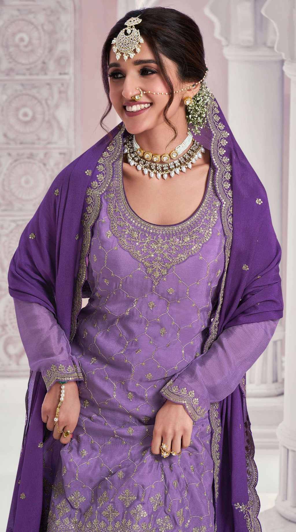 Anaita Lavender Chinon Sequence Embroidered Readymade Salwar Suit | Grocsy