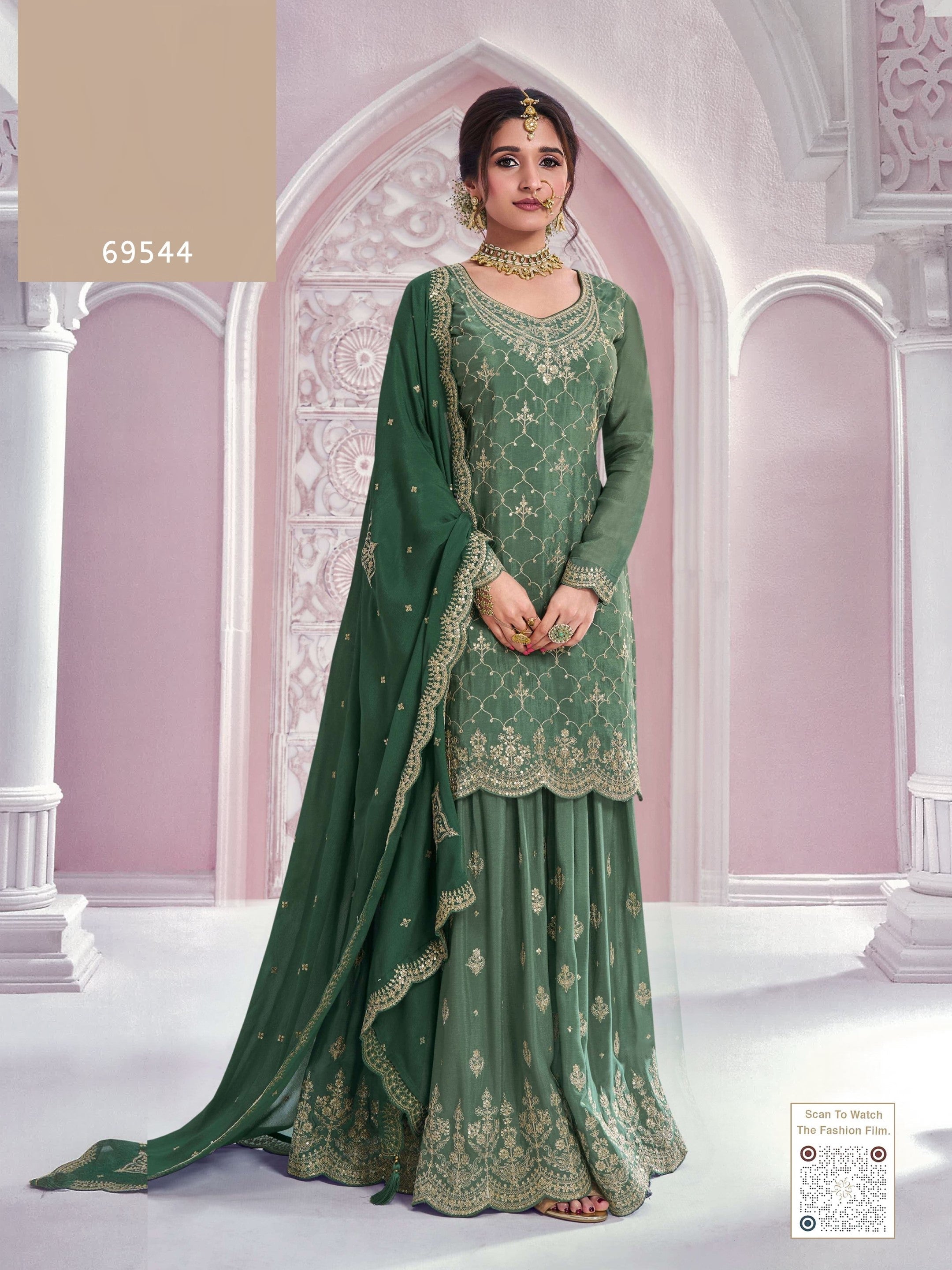 Anaita Dark Green Chinon Sequence Embroidered Readymade Salwar Suit | Grocsy