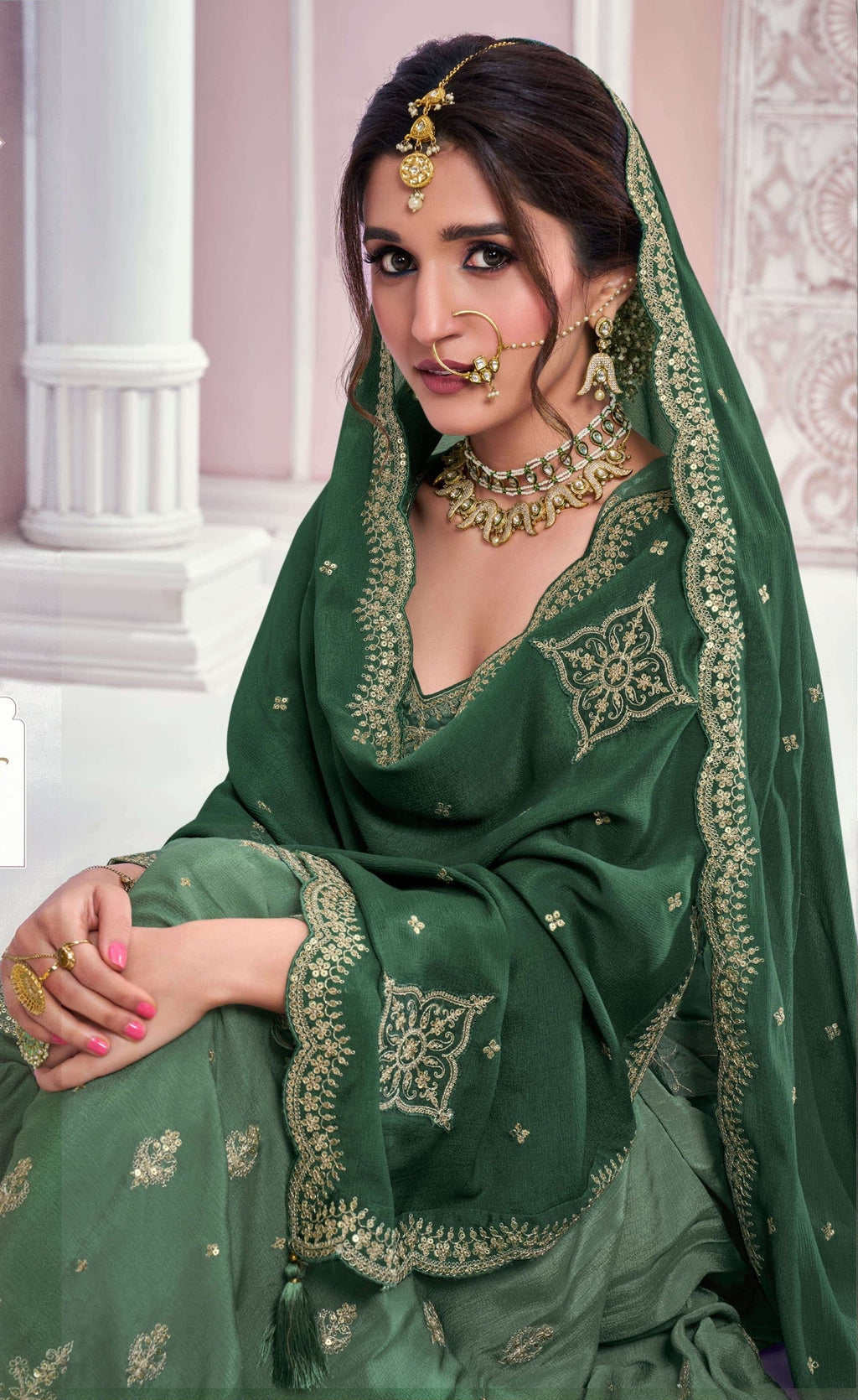 Anaita Dark Green Chinon Sequence Embroidered Readymade Salwar Suit | Grocsy