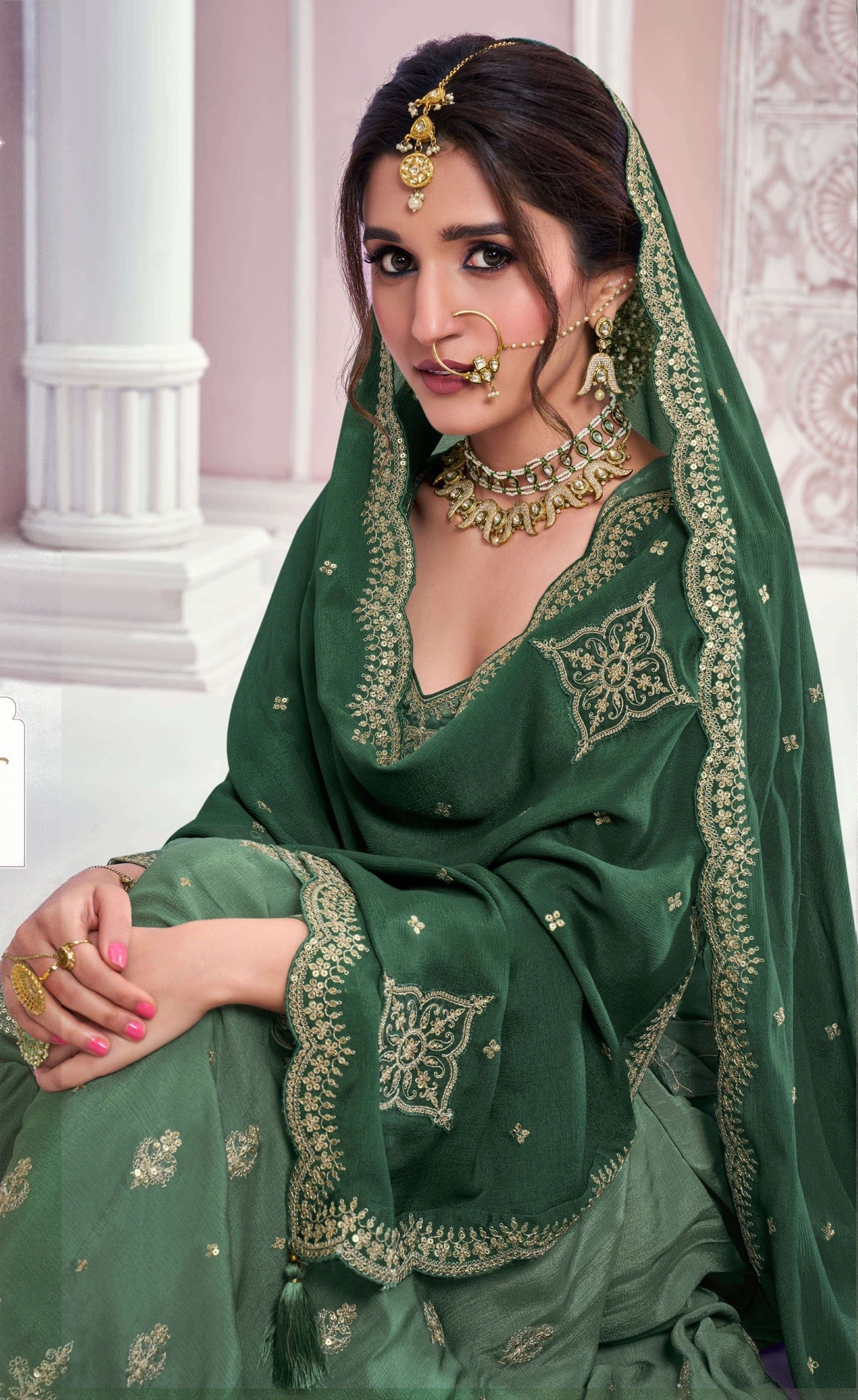 Anaita Dark Green Chinon Sequence Embroidered Readymade Salwar Suit | Grocsy