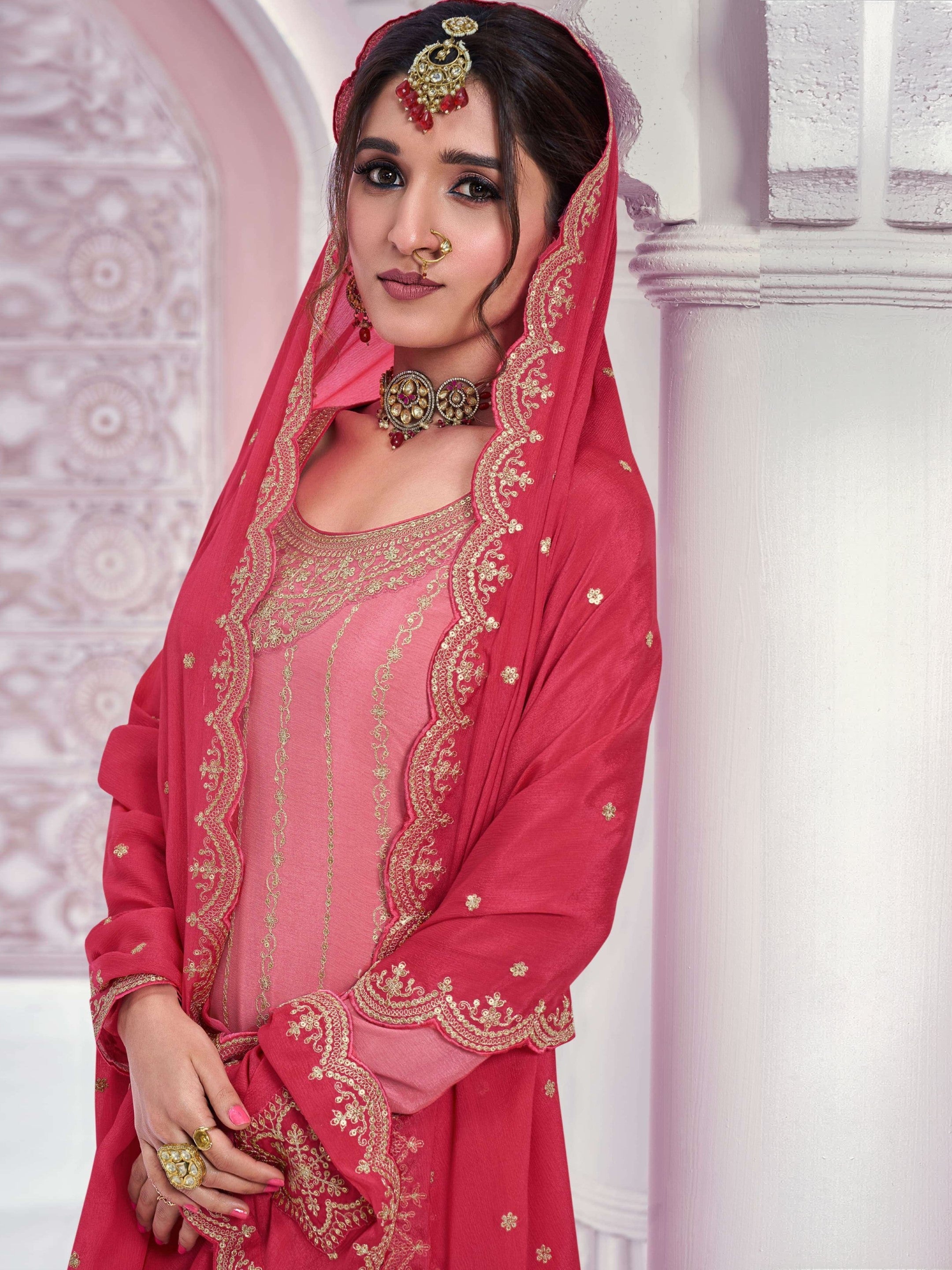 Anaita Peach Chinon Sequence Embroidered Readymade Salwar Suit | Grocsy