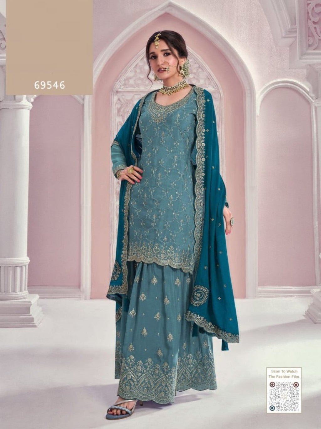 Anaita Blue Chinon Sequence Embroidered Readymade Salwar Suit | Grocsy
