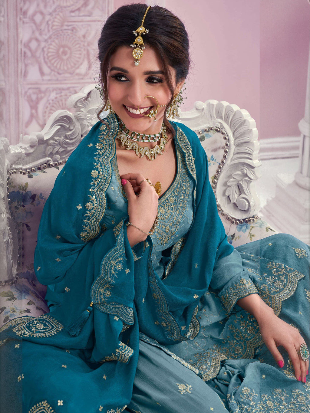 Anaita Blue Chinon Sequence Embroidered Readymade Salwar Suit | Grocsy