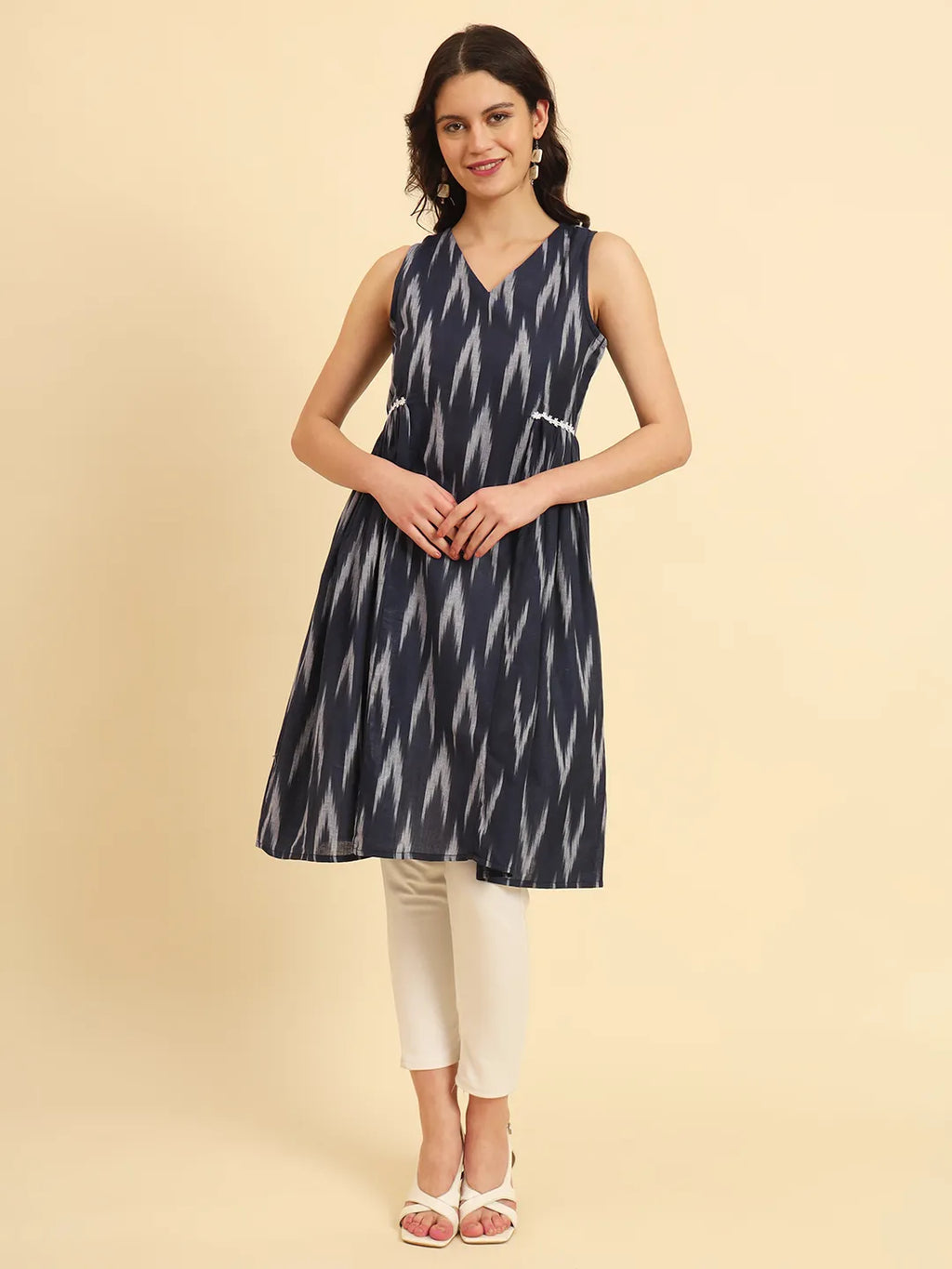 Yufta Ikat Cotton Blue Workwear Kurta With Lace Detailing | Grocsy