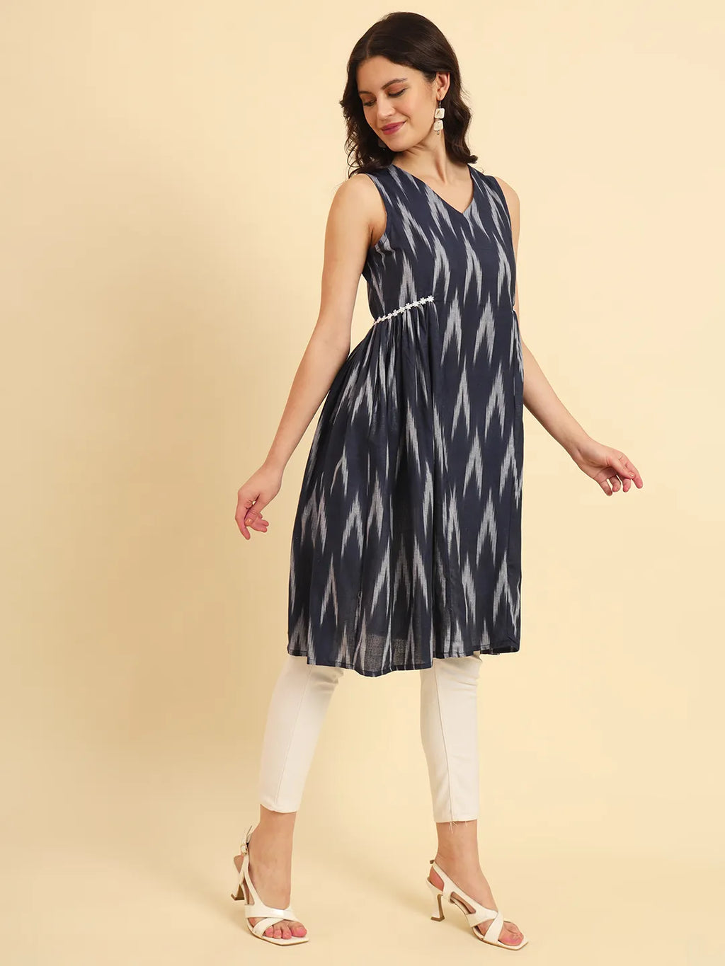 Yufta Ikat Cotton Blue Workwear Kurta With Lace Detailing | Grocsy