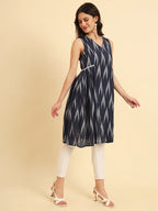 Yufta Ikat Cotton Blue Workwear Kurta With Lace Detailing | Grocsy