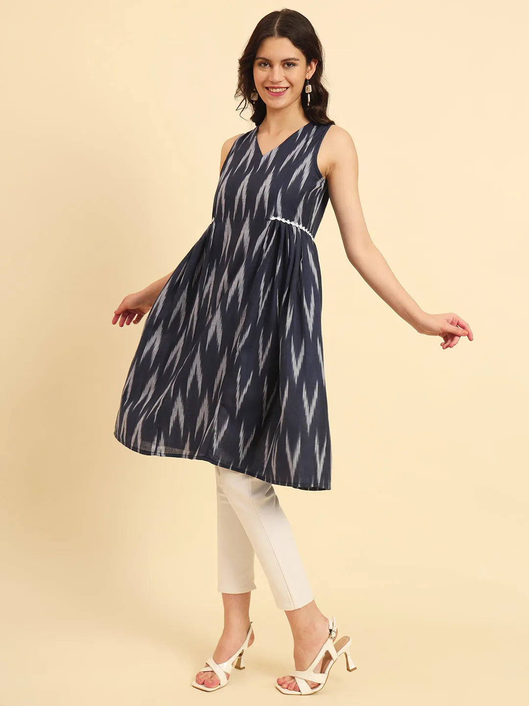 Yufta Ikat Cotton Blue Workwear Kurta With Lace Detailing | Grocsy