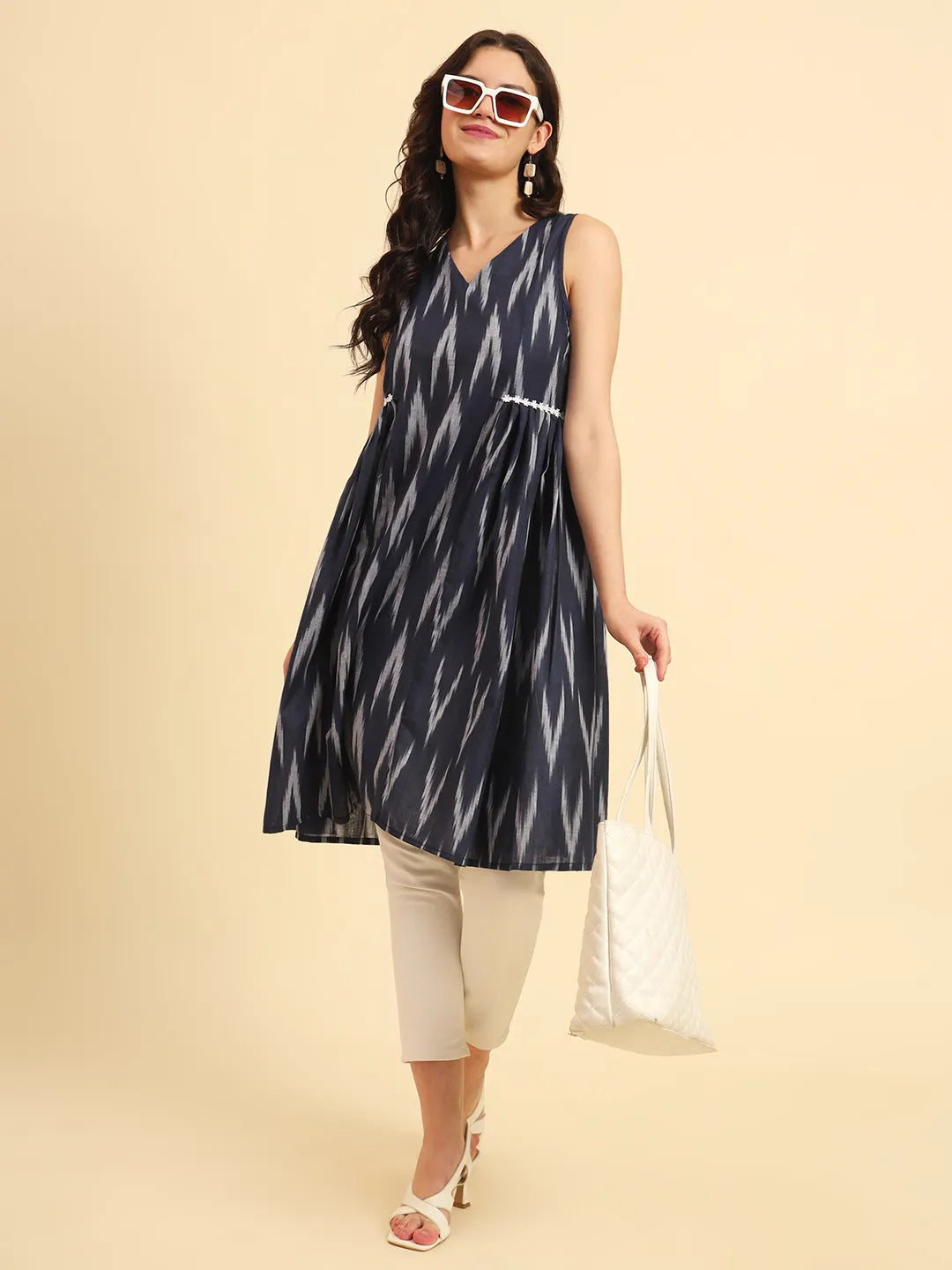 Yufta Ikat Cotton Blue Workwear Kurta With Lace Detailing | Grocsy