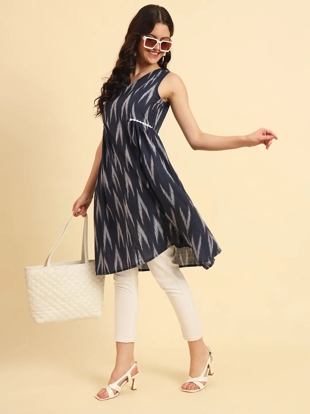 Yufta Ikat Cotton Blue Workwear Kurta With Lace Detailing | Grocsy