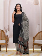 Yufta Black & Beige Pure Cotton Straight Kurta Dupatta Set | Grocsy