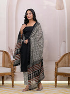 Yufta Black & Beige Pure Cotton Straight Kurta Dupatta Set | Grocsy