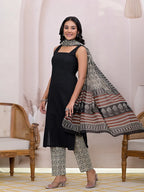 Yufta Black & Beige Pure Cotton Straight Kurta Dupatta Set | Grocsy