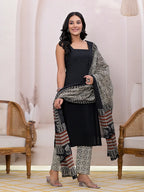 Yufta Black & Beige Pure Cotton Straight Kurta Dupatta Set | Grocsy