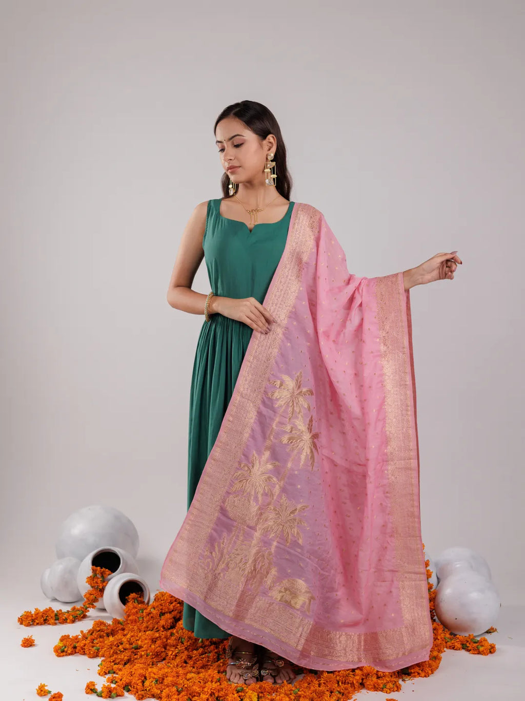 Yufta Green Solid Silk Blend Anarkali Kurta Trouser & Dupatta | Grocsy