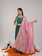 Yufta Green Solid Silk Blend Anarkali Kurta Trouser & Dupatta | Grocsy