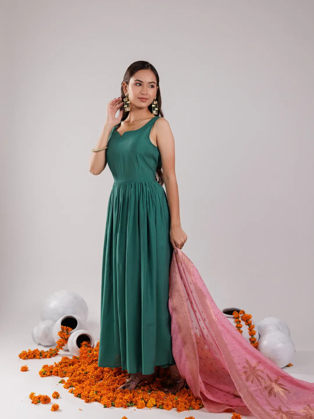 Yufta Green Solid Silk Blend Anarkali Kurta Trouser & Dupatta | Grocsy