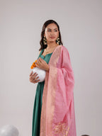 Yufta Green Solid Silk Blend Anarkali Kurta Trouser & Dupatta | Grocsy