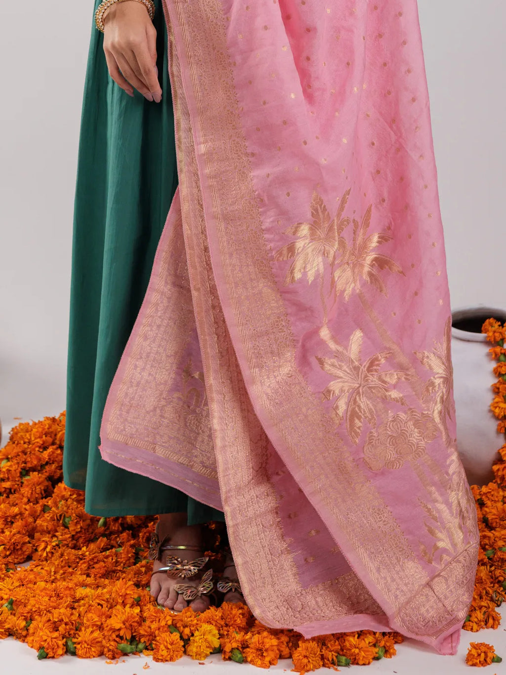 Yufta Green Solid Silk Blend Anarkali Kurta Trouser & Dupatta | Grocsy