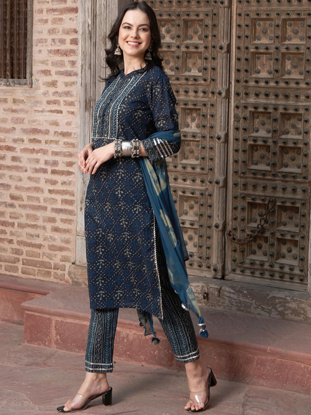 Sangria Blue Ethnic Motifs Embroidered Gotta Patti Pure Cotton Kurta Set With Dupatta | Grocsy