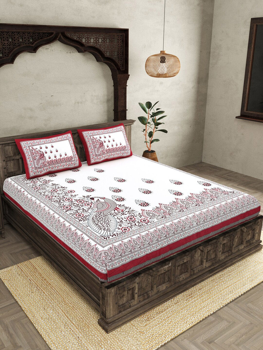 JAIPUR FABRICWhite Red Ethnic Motifs Cotton 250 TC King Bedsheet With 2 Pillow Covers | Grocsy