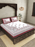 JAIPUR FABRICWhite Red Ethnic Motifs Cotton 250 TC King Bedsheet With 2 Pillow Covers | Grocsy