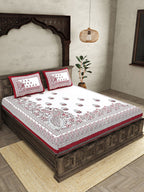JAIPUR FABRICWhite Red Ethnic Motifs Cotton 250 TC King Bedsheet With 2 Pillow Covers | Grocsy