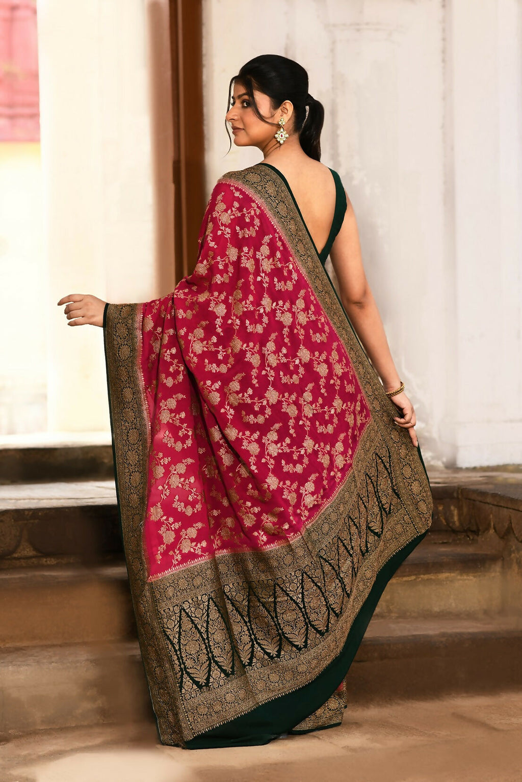 Joban Fashion Hot Pink Crepe Chiffon Pure Handloom Banarasi Silk Saree | Grocsy