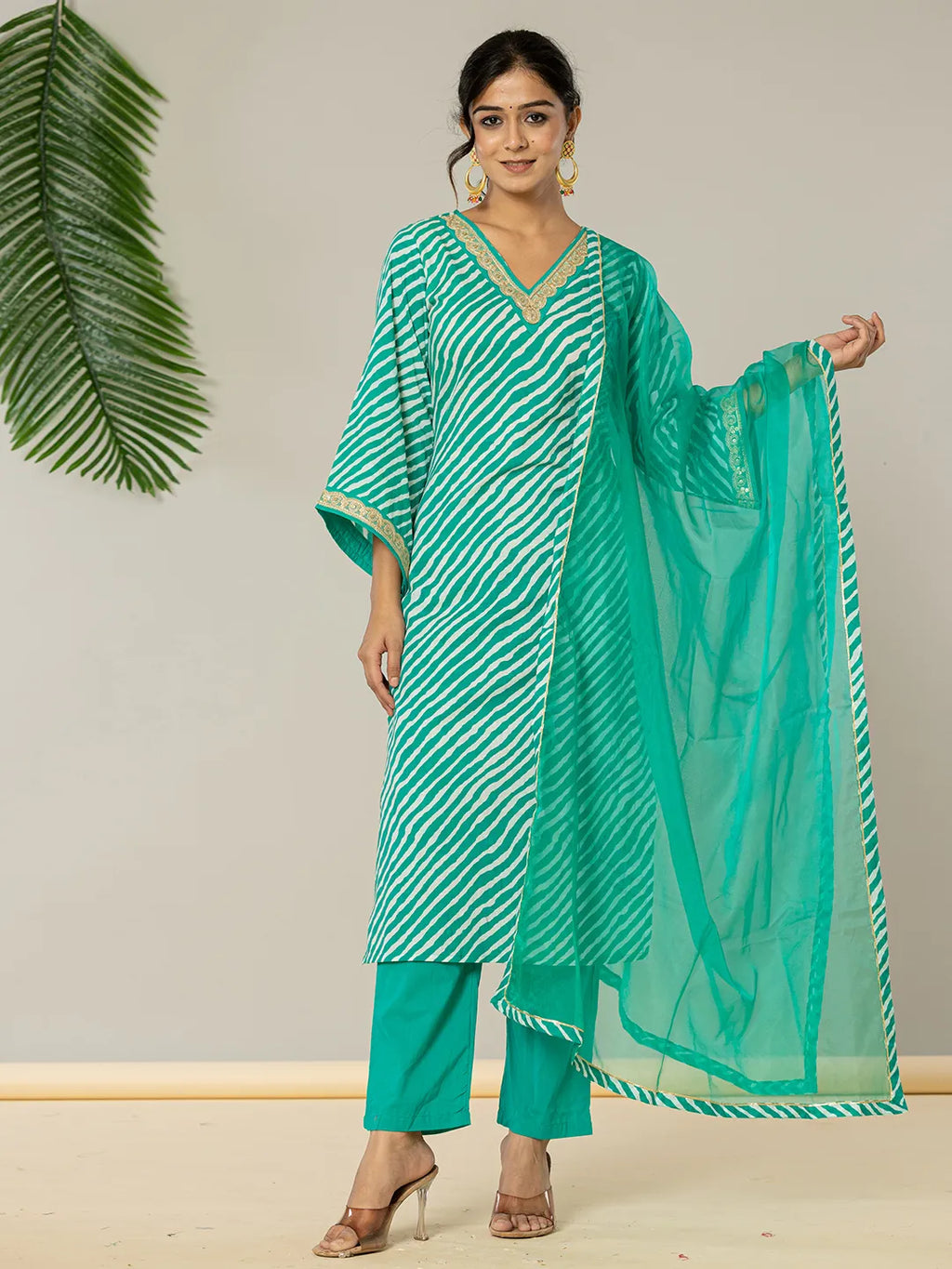 Yufta Teal Green Leheriya Print Cotton Straight Suit Set | Grocsy
