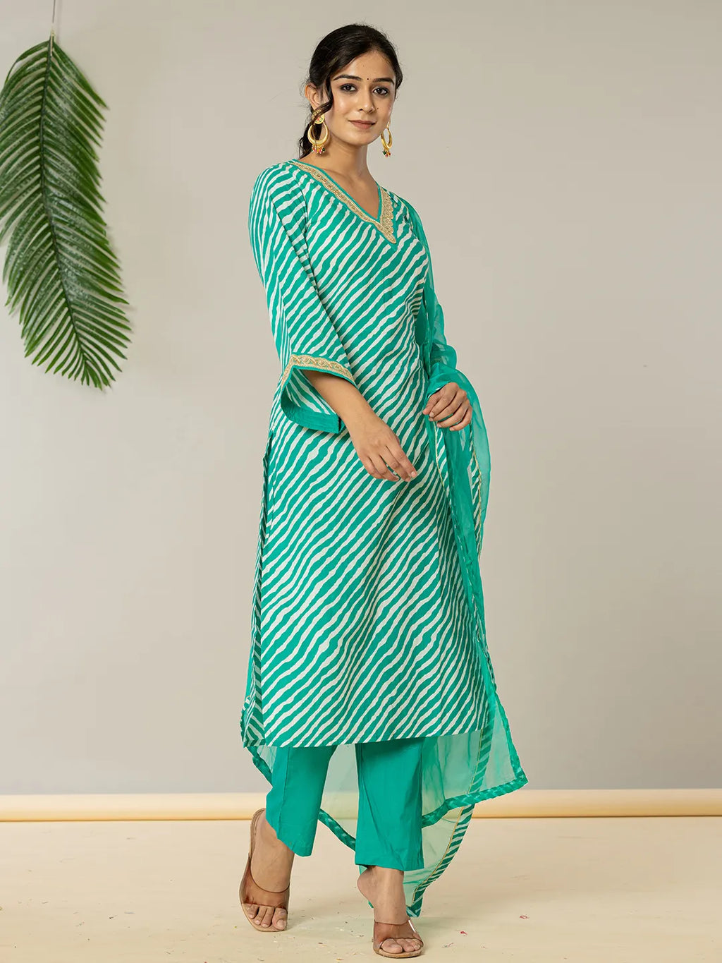 Yufta Teal Green Leheriya Print Cotton Straight Suit Set | Grocsy